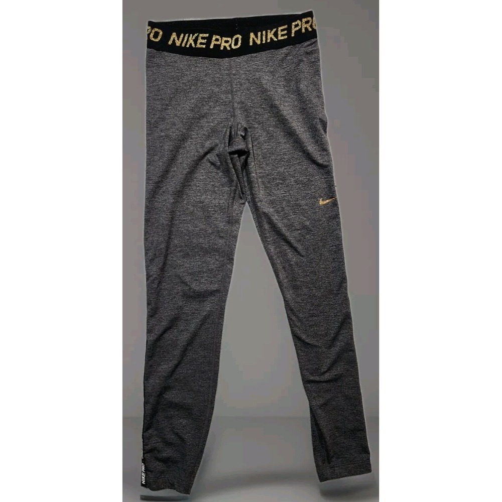 NIKE Pro Dri-FIT Mid-Rise‎ Leggings Gray With Gold Logo Women Size Small